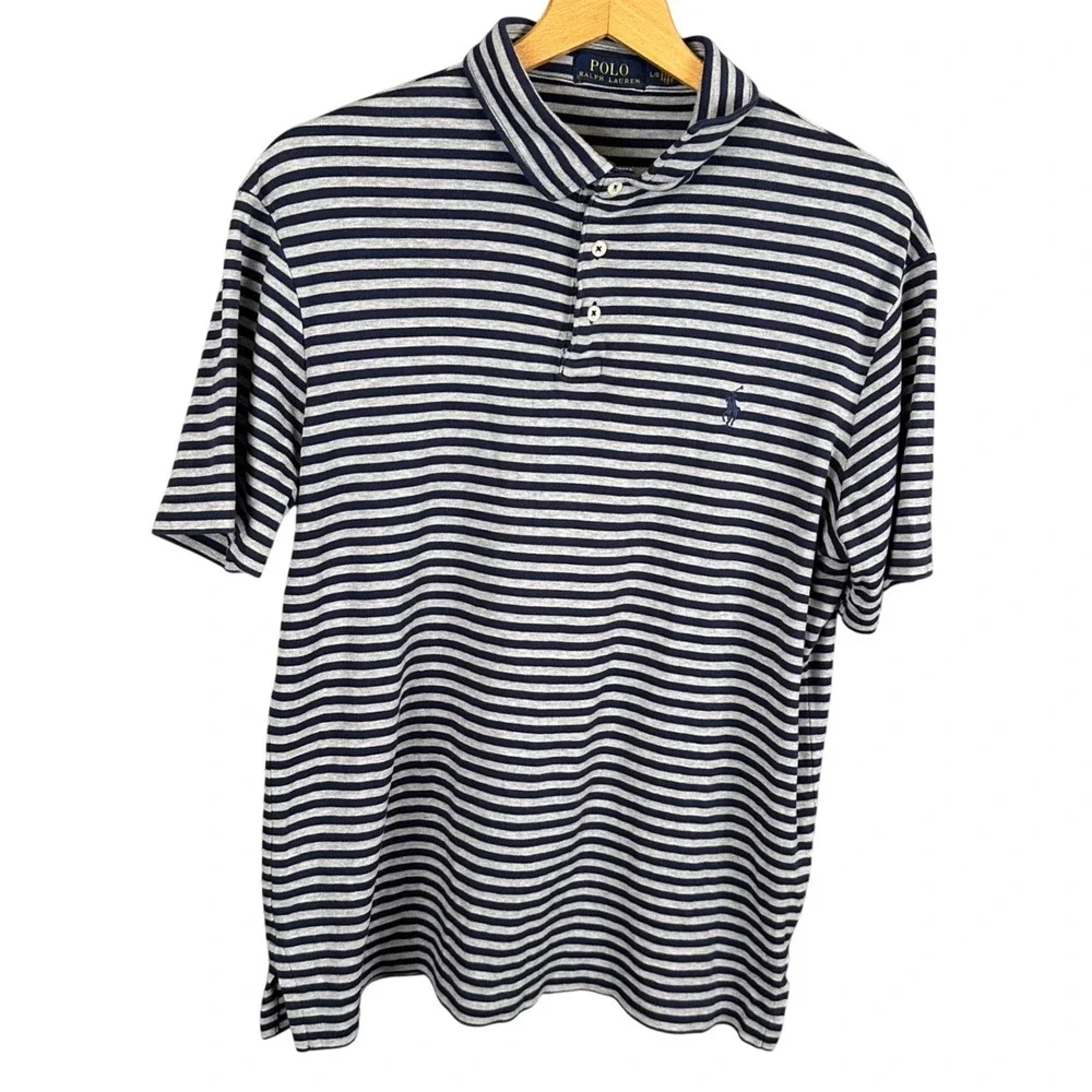 Polo Ralph Lauren Mens Large Striped Polo Shirt Navy Blue Grey Short Sleeve L